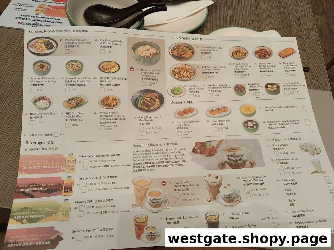 A detailed menu from Tim Ho Wan, showcasing a variety of dim sum, congee, noodles, soups, desserts, and beverages.