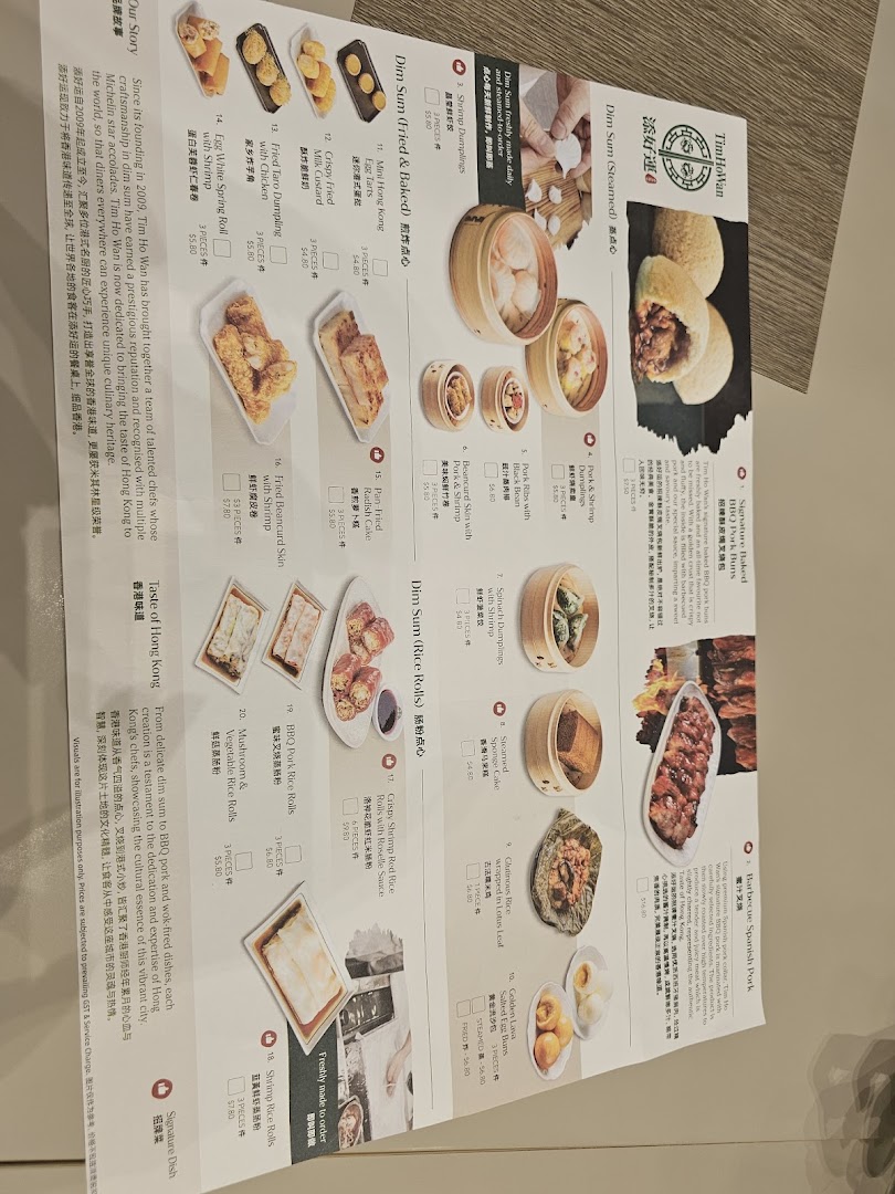 A detailed menu from Tim Ho Wan, showcasing various dim sum and signature dishes with prices.