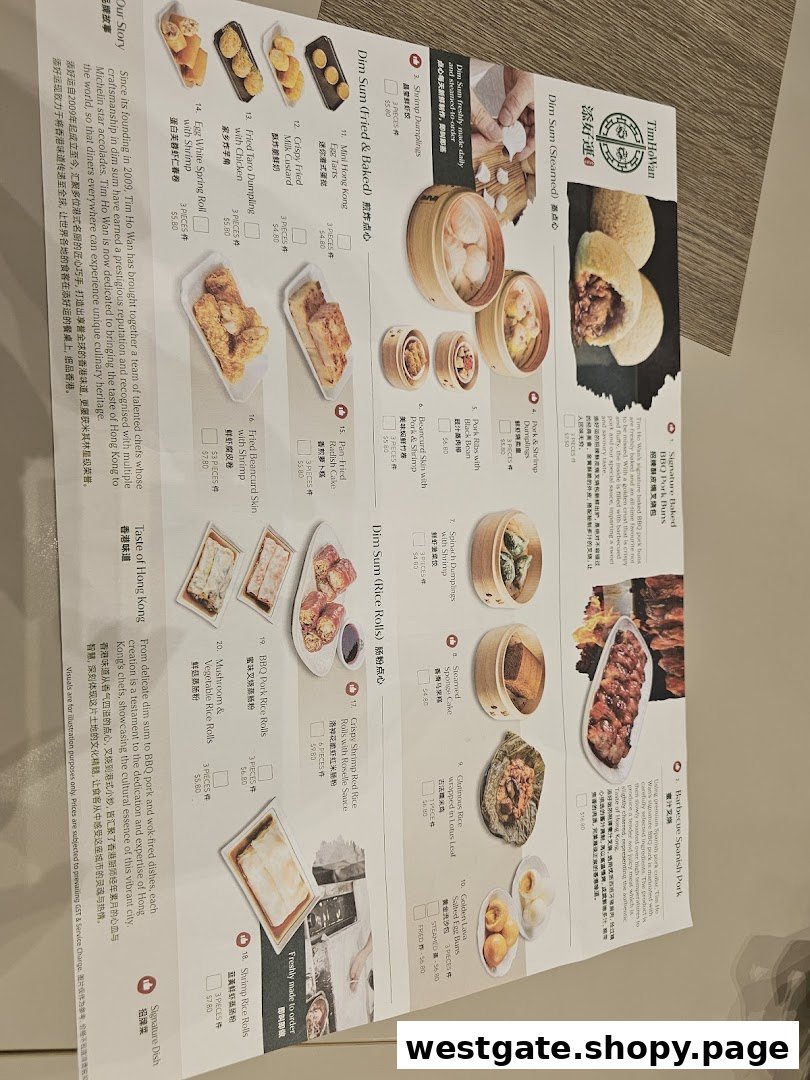 A detailed menu from Tim Ho Wan, showcasing various dim sum and signature dishes with prices.