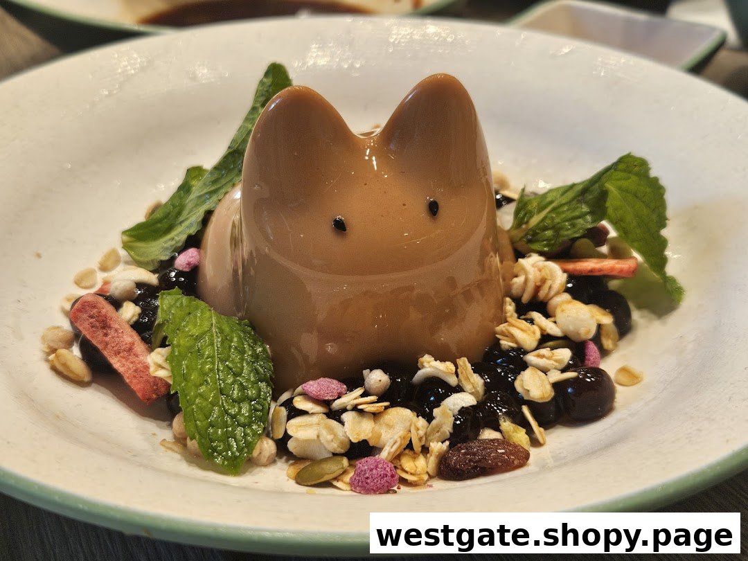 A charming cat-shaped dessert with granola, berries, and mint on a white plate.