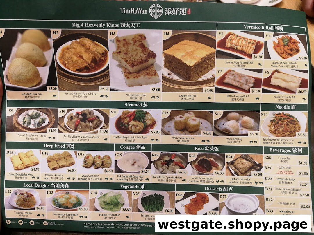 A detailed menu from Tim Ho Wan, showcasing a variety of dim sum, noodles, rice, and beverages.