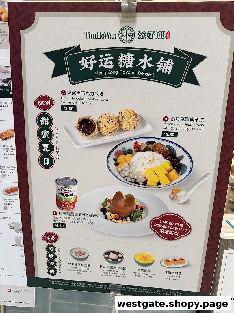 A vibrant menu board from Tim Ho Wan showcasing Hong Kong-style desserts and sweet treats.