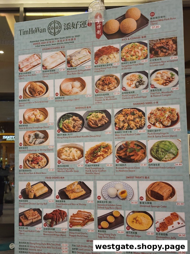 A detailed menu board from Tim Ho Wan, showcasing a variety of dim sum and Cantonese dishes with prices.