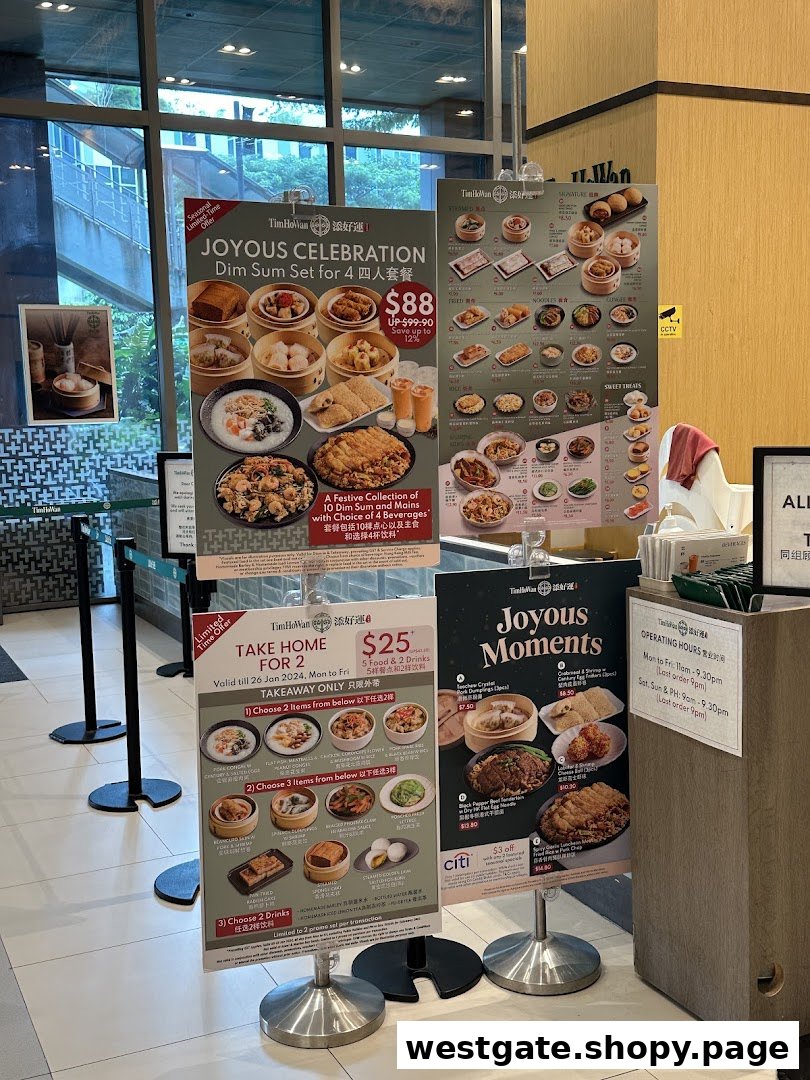 Promotional posters and menus for Tim Ho Wan, featuring dim sum sets and takeaway offers at the shop entrance.