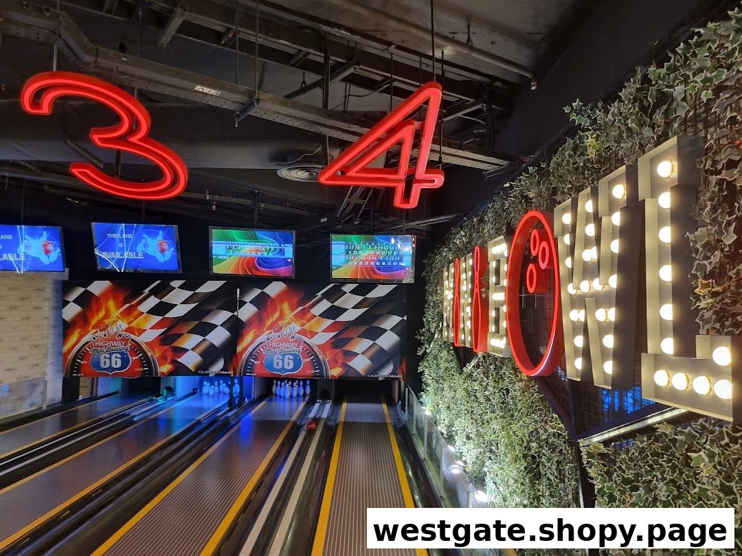 Vibrant bowling lanes with neon signs and score screens at Timezone Westgate.