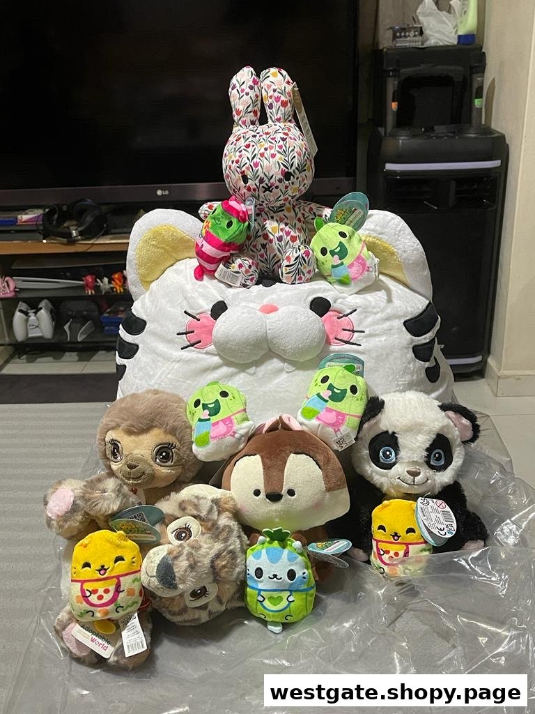 A vibrant collection of plush toys, including a large white cat, a floral bunny, and various animal characters.