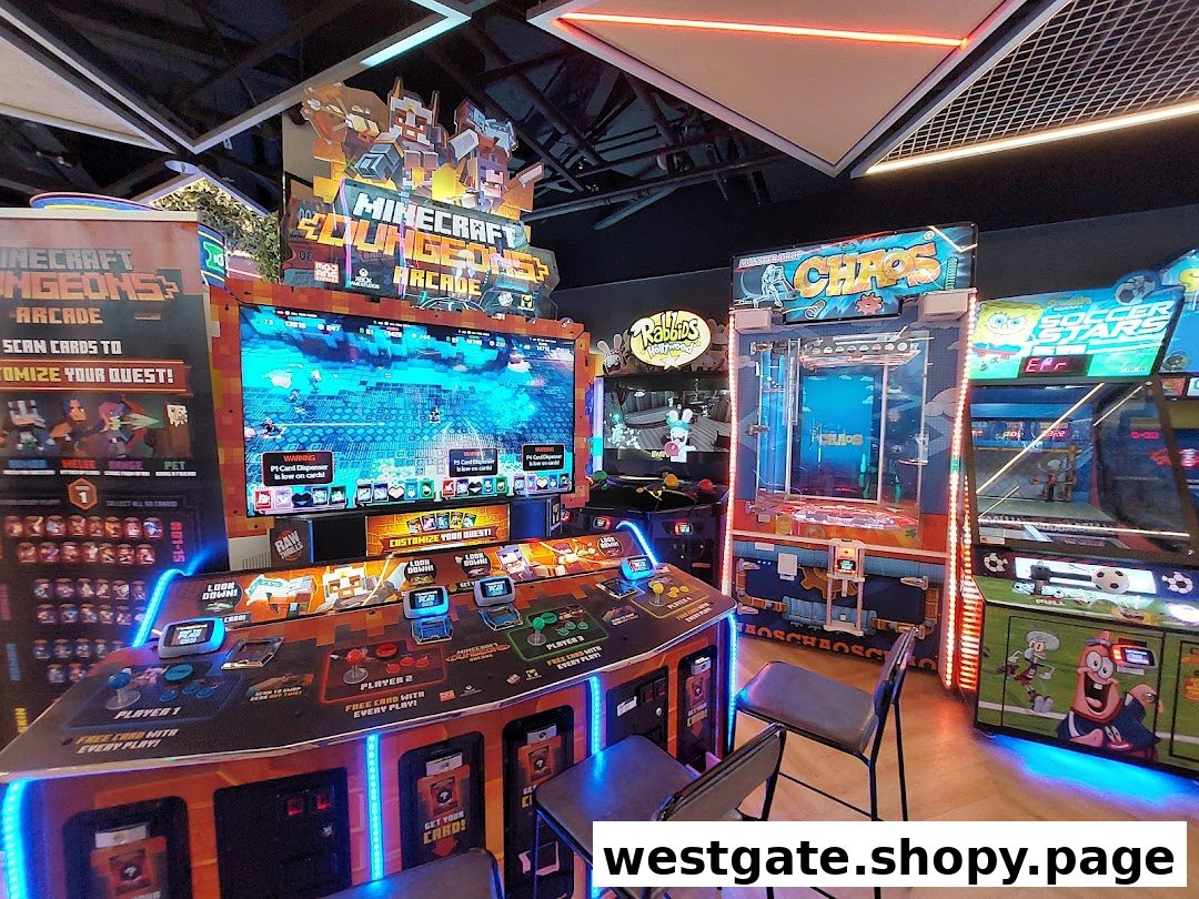 Vibrant arcade interior featuring popular games like Minecraft Dungeons and a claw machine.