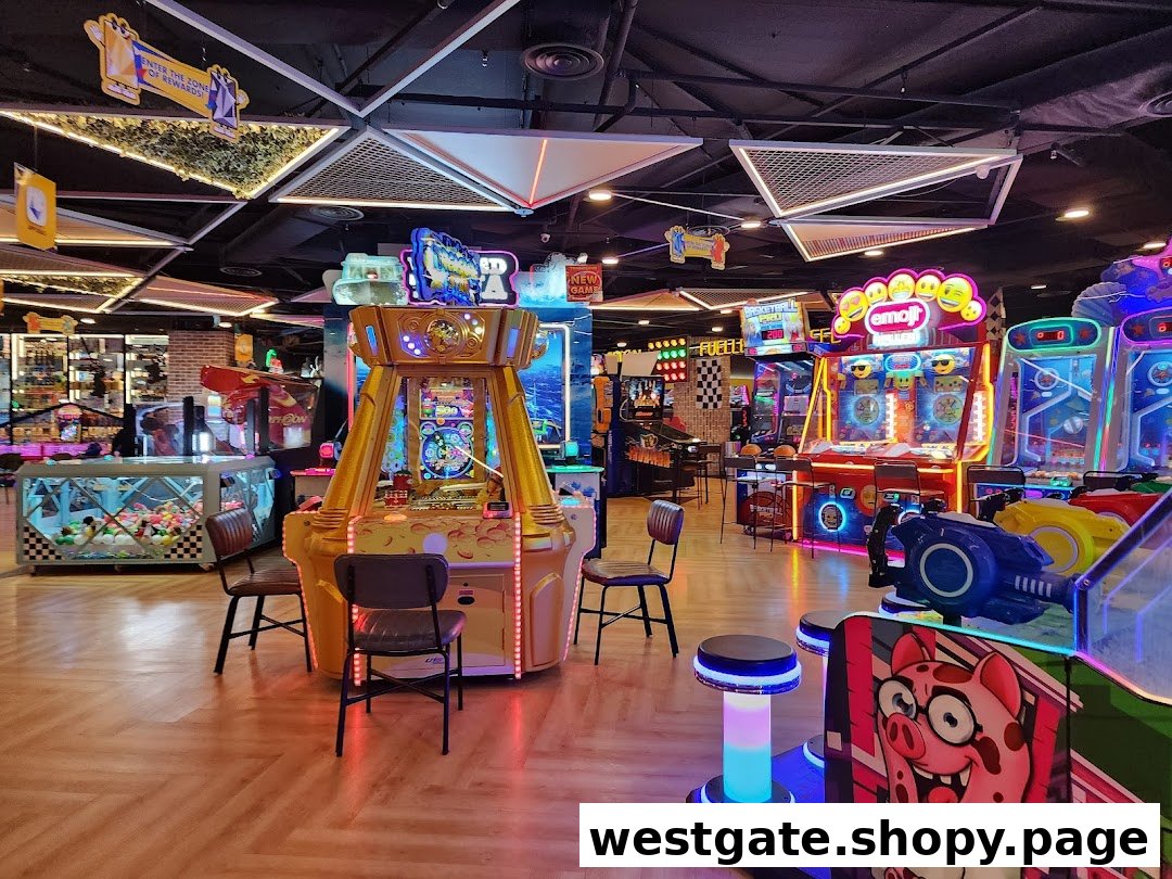 A vibrant arcade interior filled with various colorful game machines and entertainment options.