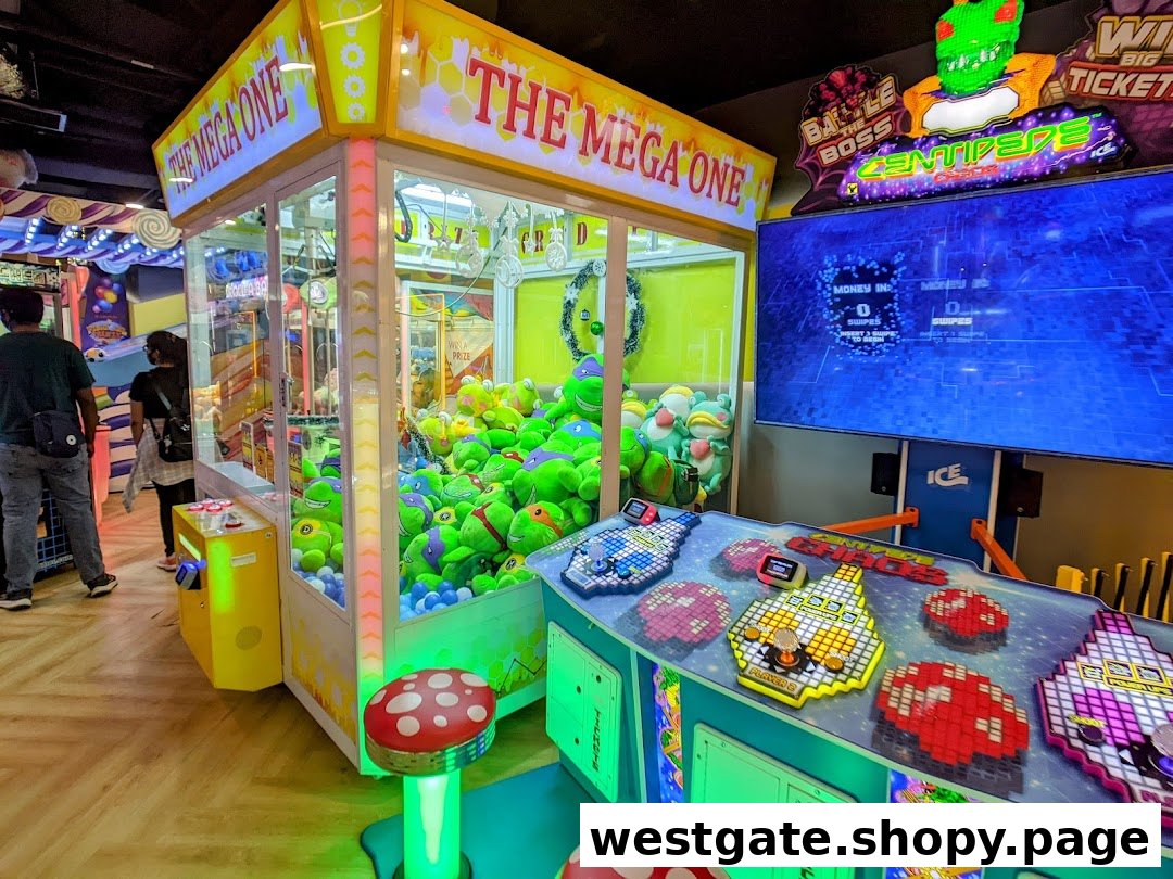 Vibrant arcade interior featuring a large claw machine filled with plush toys and an interactive video game.
