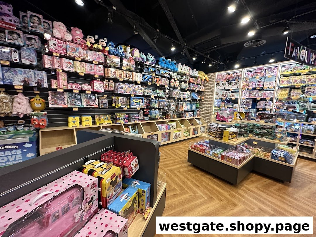 A brightly lit prize shop interior with shelves full of toys, plushies, and merchandise.