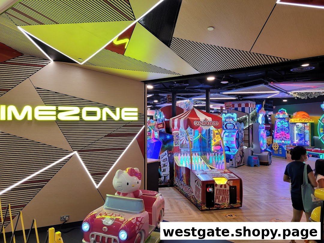 An interior view of Timezone arcade, featuring various colorful games and a Hello Kitty ride.