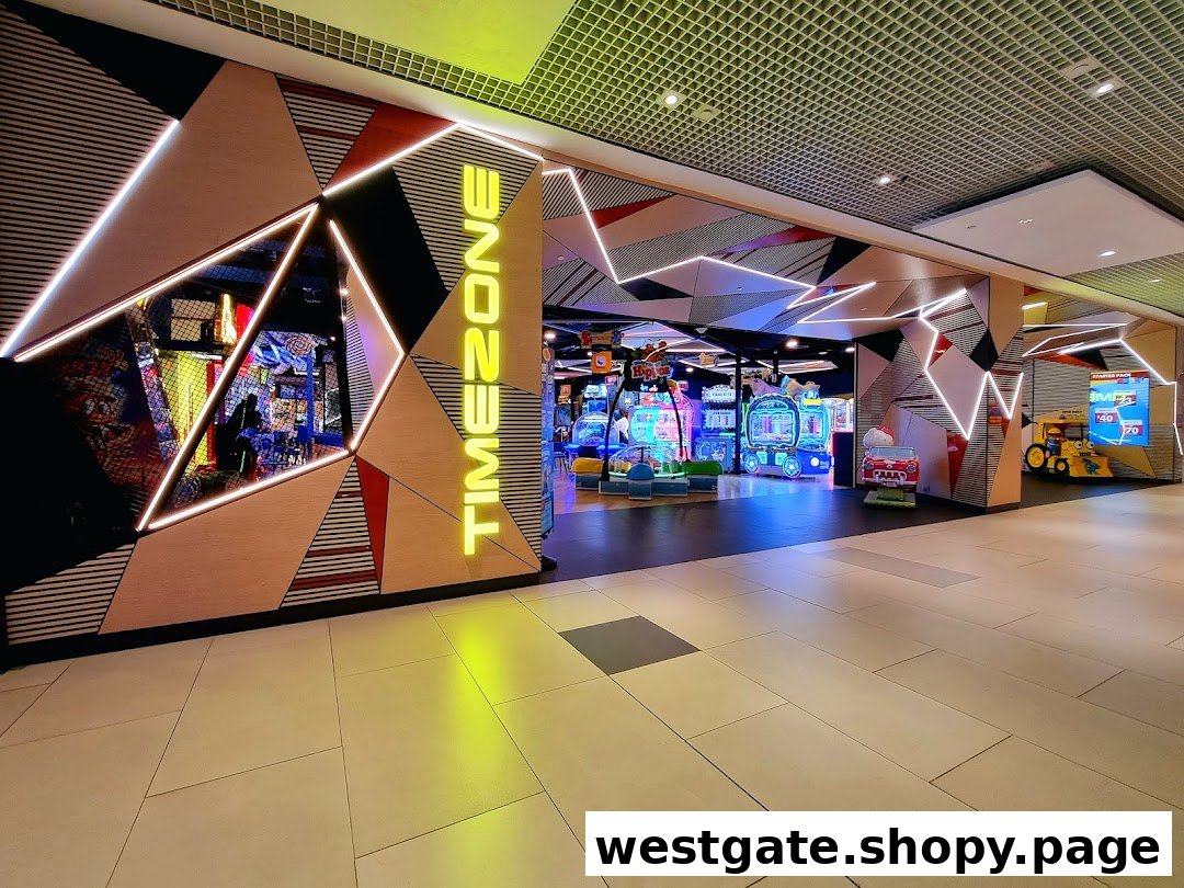 Vibrant entrance of Timezone arcade, featuring neon lights and a glimpse of games inside.