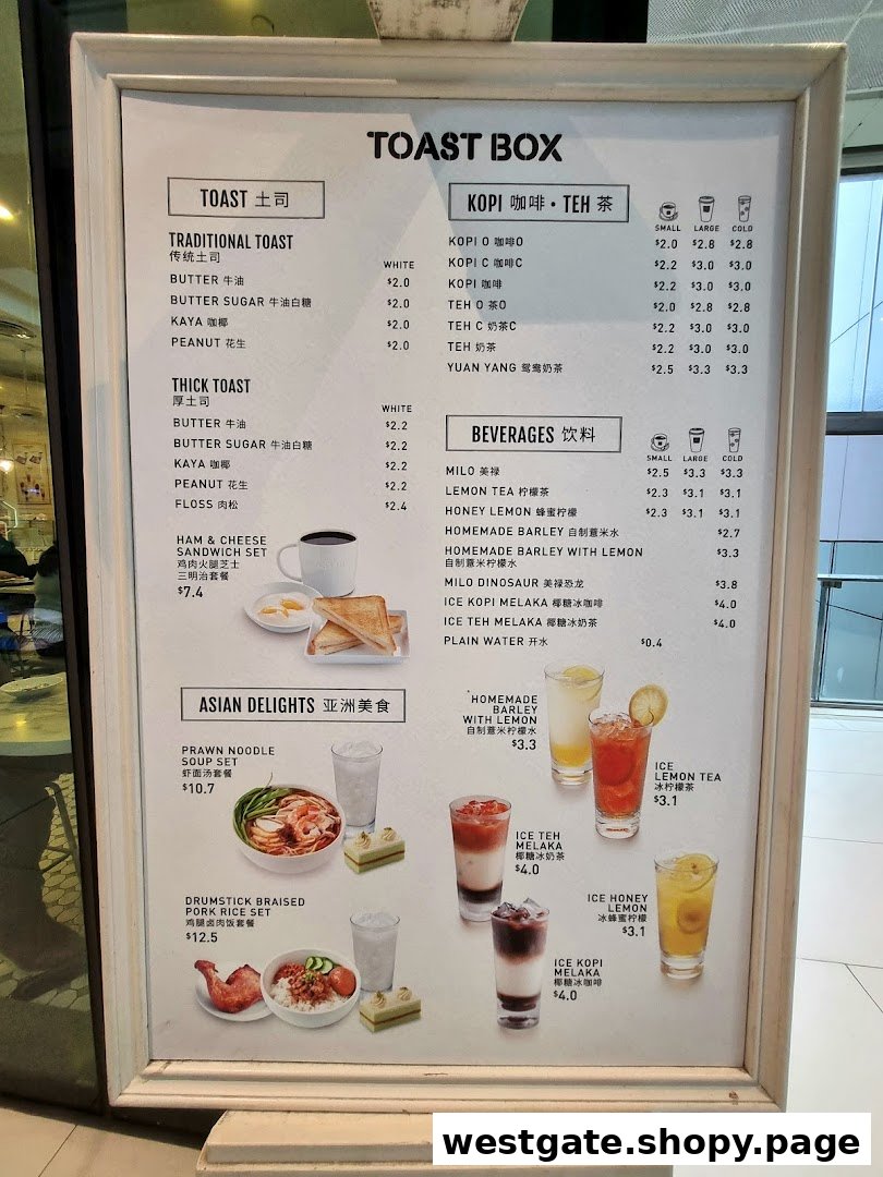 A detailed menu board from Toast Box, showcasing their toast, coffee, tea, beverages, and Asian delights.