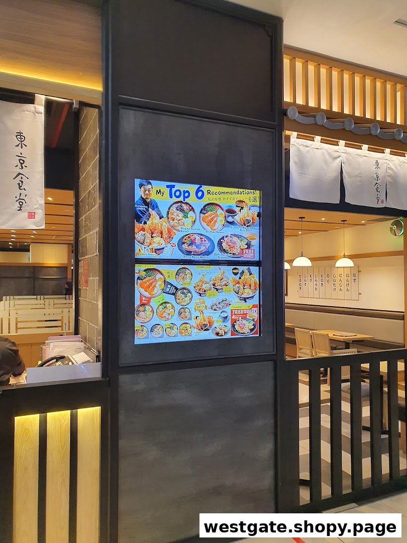 Digital display showcasing recommended dishes at Tokyo Shokudo Westgate's inviting entrance.