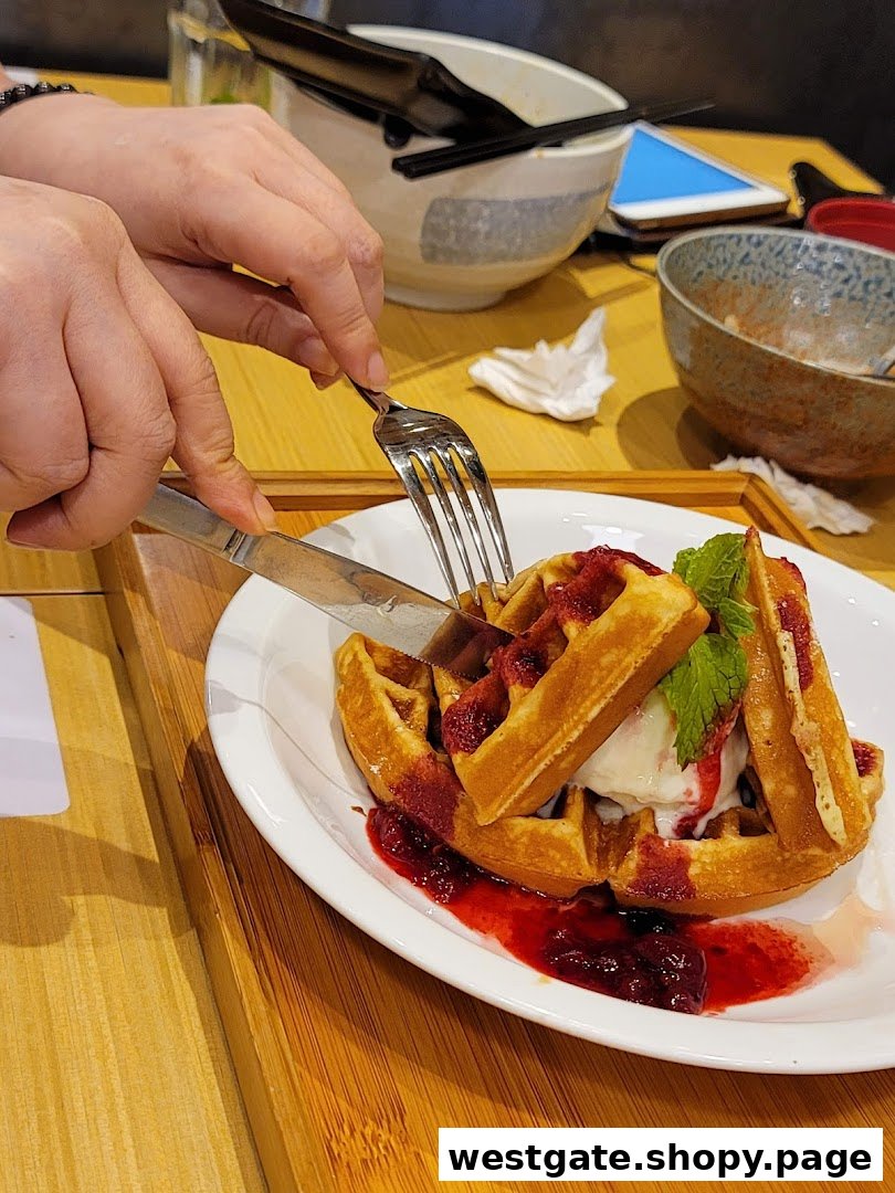 A person cuts into delicious waffles topped with ice cream, berry sauce, and mint at Tokyo Shokudo Westgate.