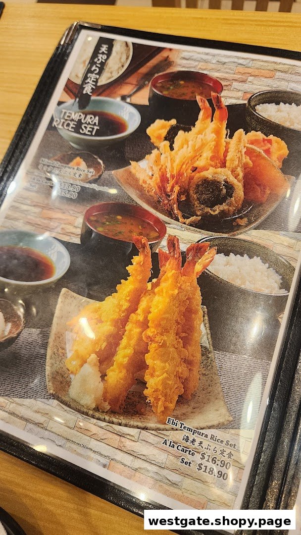A menu page displaying various Japanese tempura rice sets with their respective prices and images.