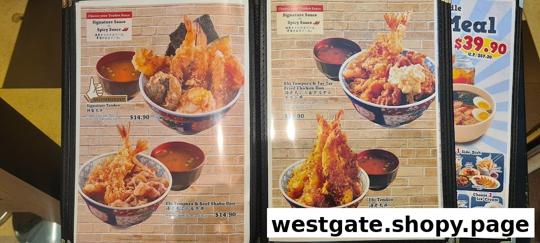 A detailed menu displaying various Japanese tendon and donburi dishes with prices and descriptions.