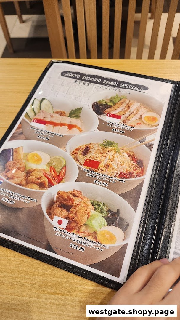 A close-up view of Tokyo Shokudo's ramen specials menu featuring various chicken ramen dishes.