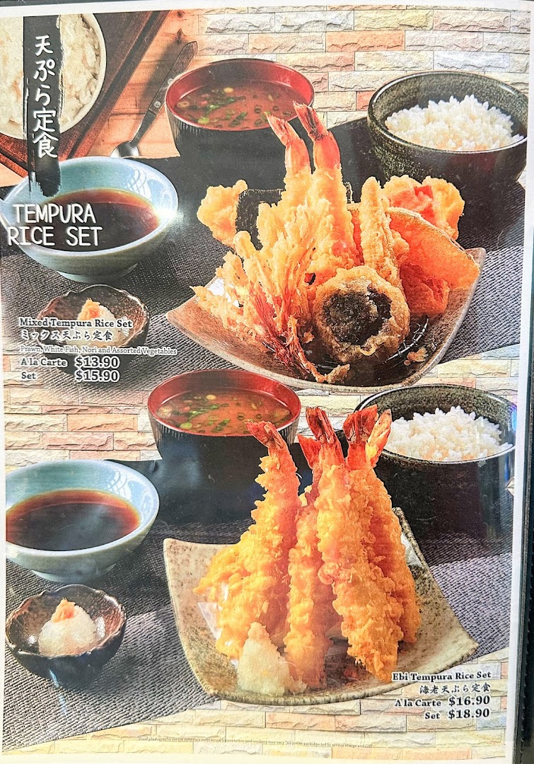 A menu page showcasing two delicious tempura rice sets with prices and descriptions.