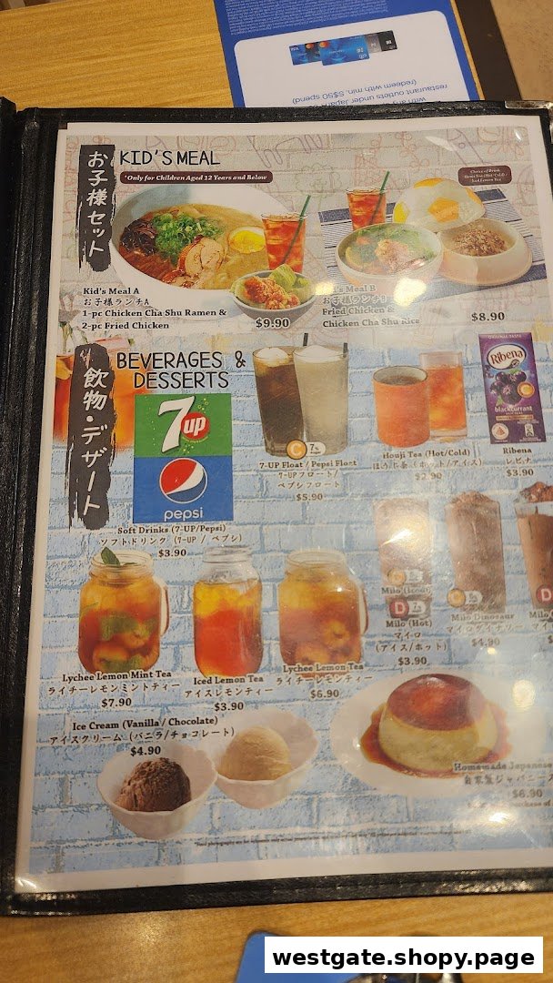 A detailed view of Tokyo Shokudo Westgate's menu, featuring kids' meals, beverages, and desserts.