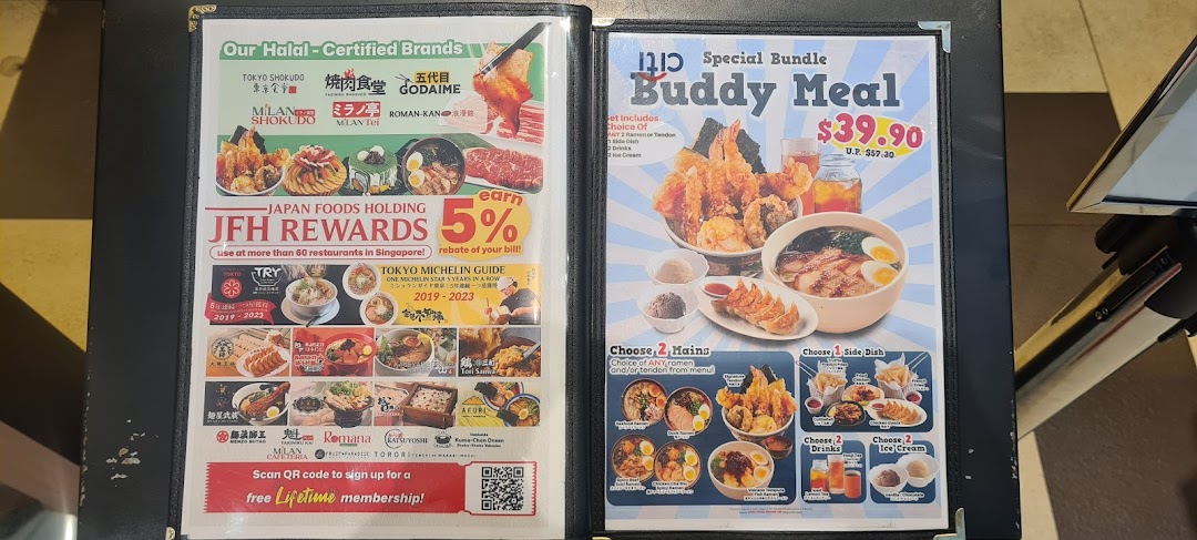 A menu display featuring a 'Buddy Meal' special, Halal-certified brands, and a rewards program.