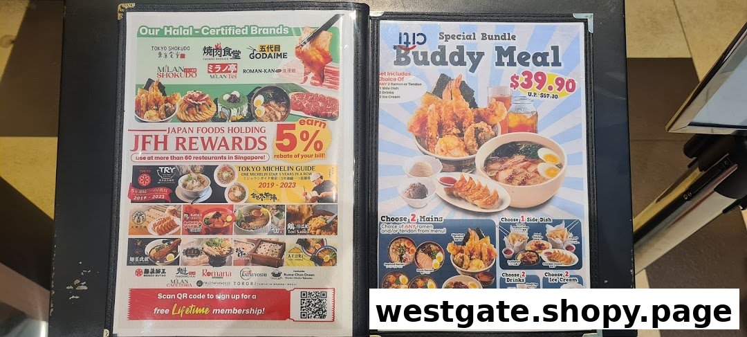 A menu display featuring a 'Buddy Meal' special, Halal-certified brands, and a rewards program.
