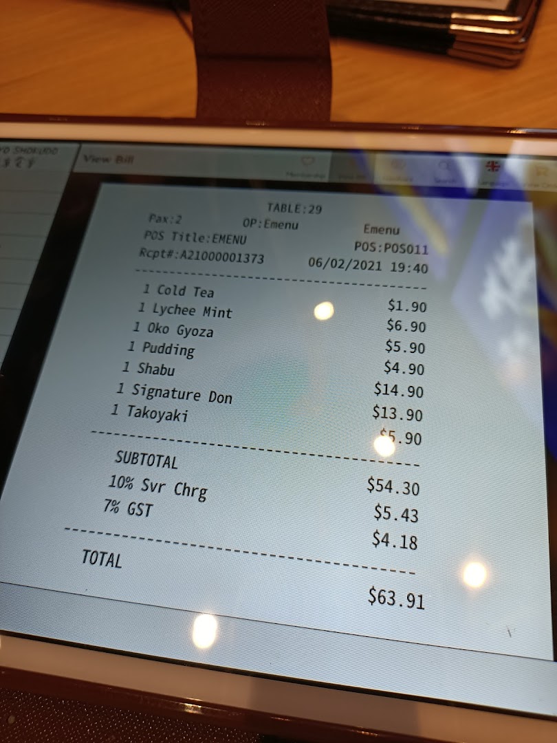 A digital receipt displaying ordered food and drink items with their respective prices and total cost.