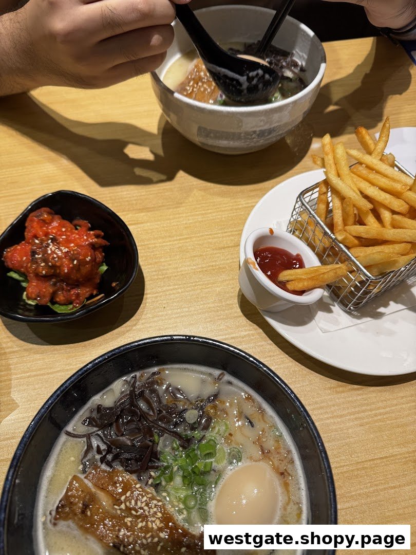 A table with two bowls of ramen, a side of fries, and a spicy appetizer.