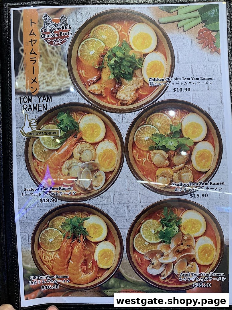 A menu page displaying various Tom Yam Ramen dishes with images and prices.