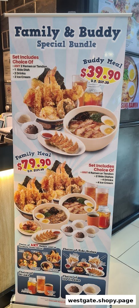 A promotional banner for Tokyo Shokudo Westgate showcasing Family & Buddy special bundle meals with prices and inclusions.