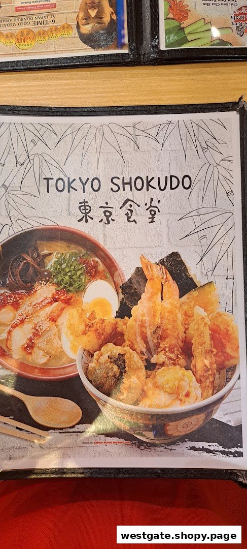 A menu cover for Tokyo Shokudo featuring vibrant images of ramen and tempura donburi.