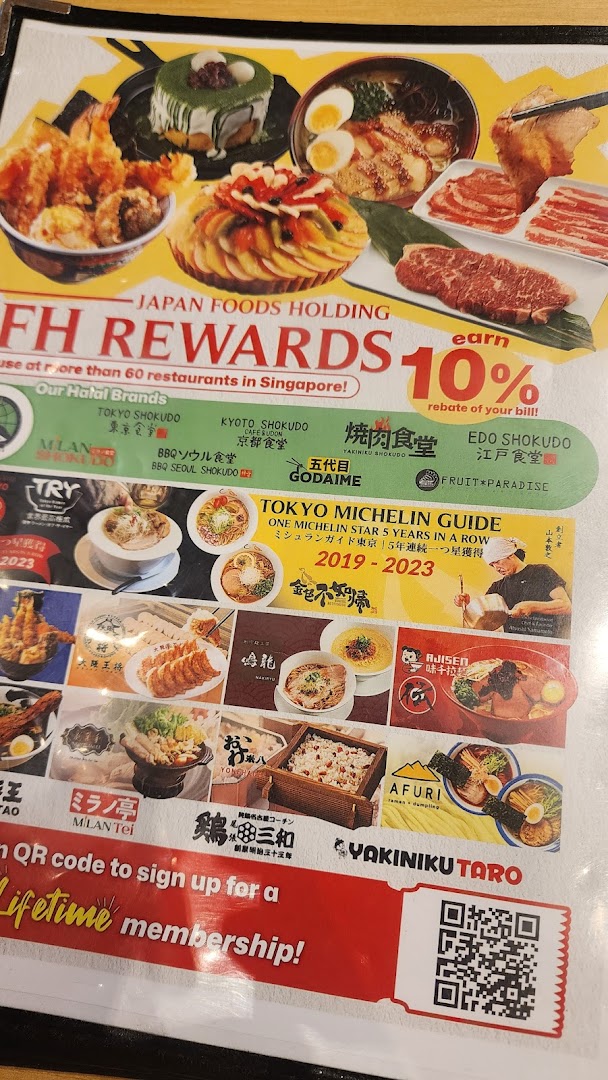 A promotional flyer for Japan Foods Holding, showcasing various Japanese dishes, restaurant brands, and a rewards program.