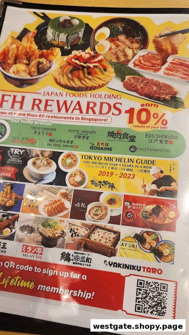 A promotional flyer for Japan Foods Holding, showcasing various Japanese dishes, restaurant brands, and a rewards program.