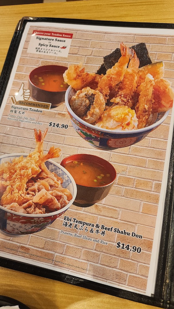 A menu page displaying two Japanese rice bowls: Signature Tendon and Ebi Tempura & Beef Shabu Don.