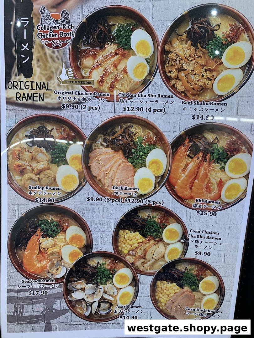 A detailed menu board showcasing various ramen dishes with images and prices from Tokyo Shokudo Westgate.