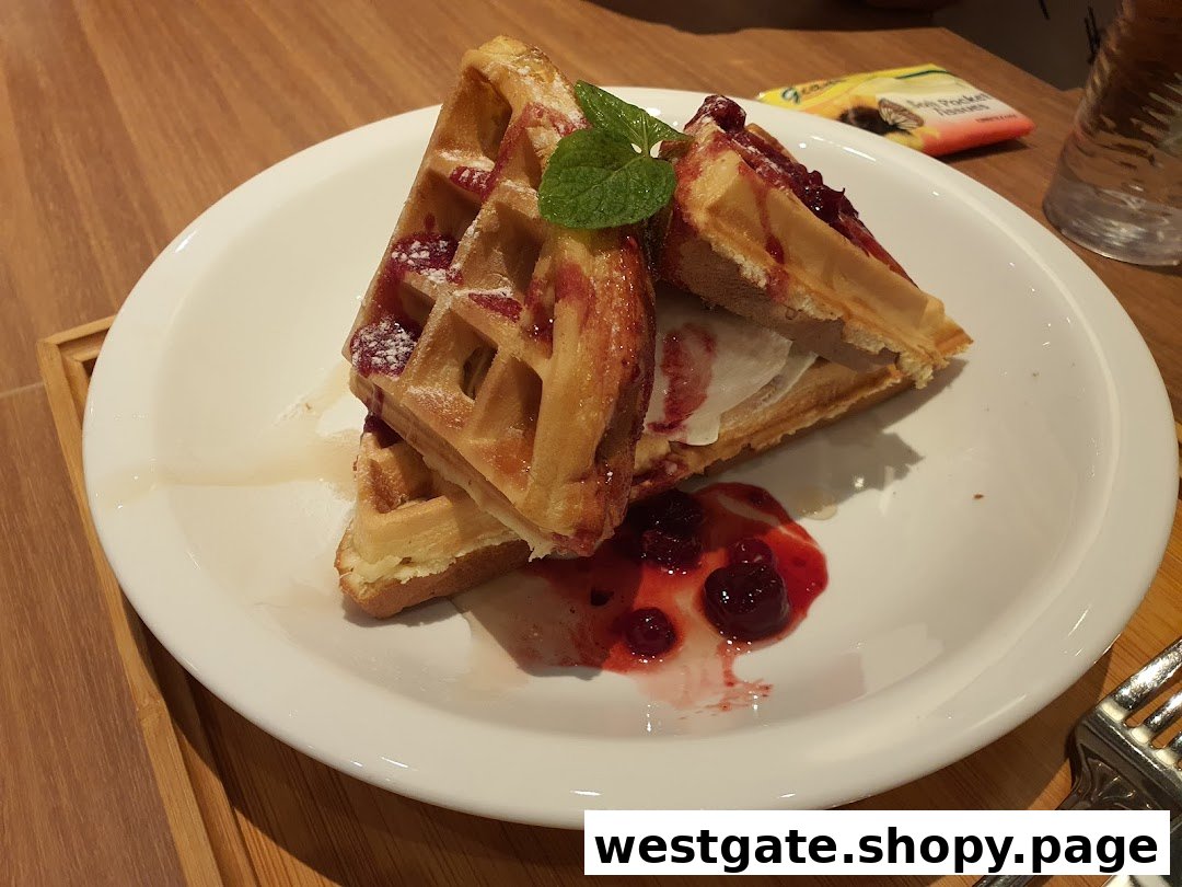 Delicious waffles topped with berries, powdered sugar, and a scoop of ice cream on a white plate.
