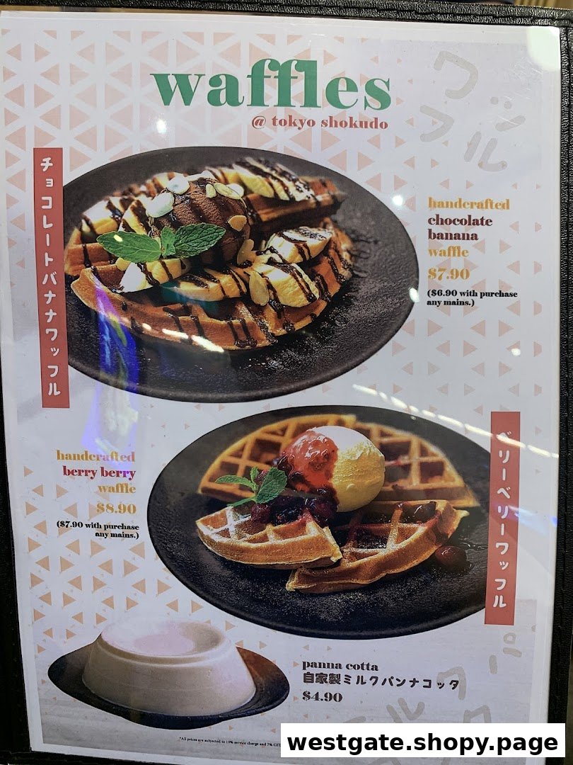 A menu displaying handcrafted waffles and panna cotta from Tokyo Shokudo.