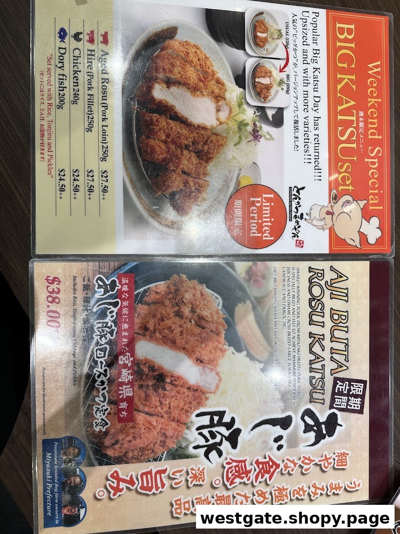A detailed menu displaying various tonkatsu sets, including special limited-time offers and premium Miyazaki pork.