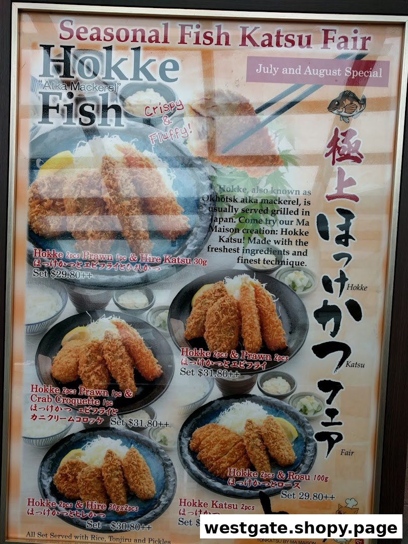 A promotional menu board showcasing various Hokke Katsu sets with prices and descriptions.