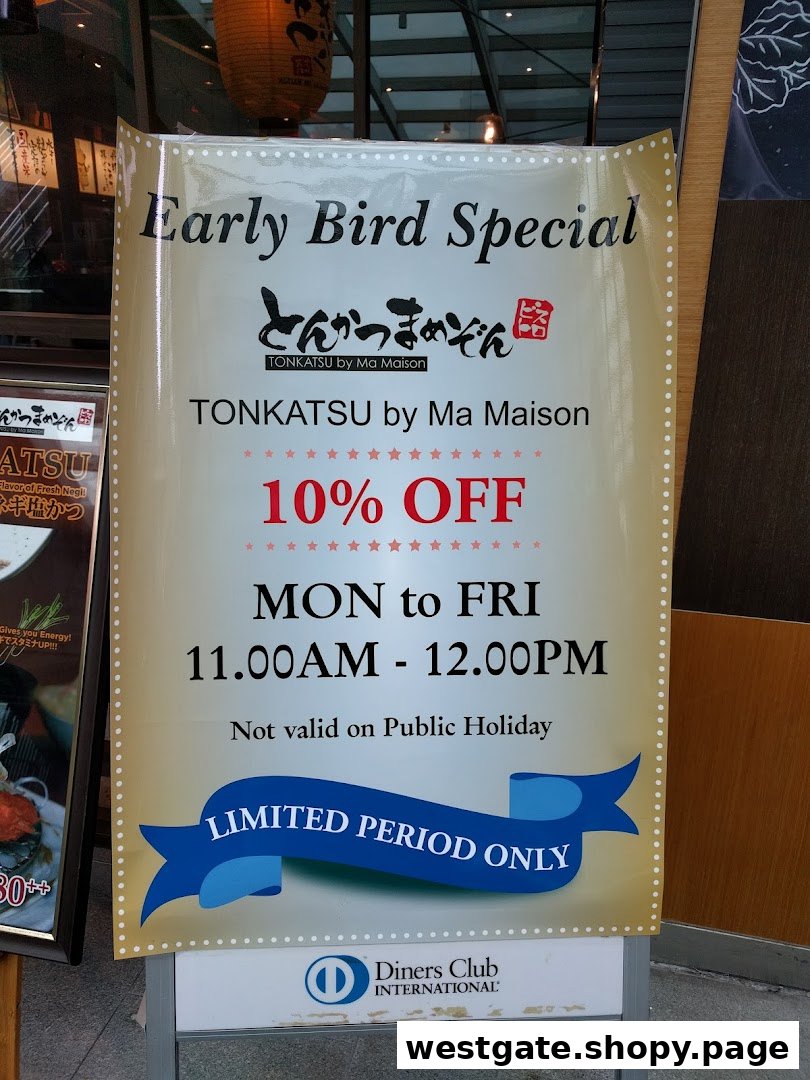 A promotional standee for Tonkatsu by Ma Maison advertising an Early Bird Special with 10% off.