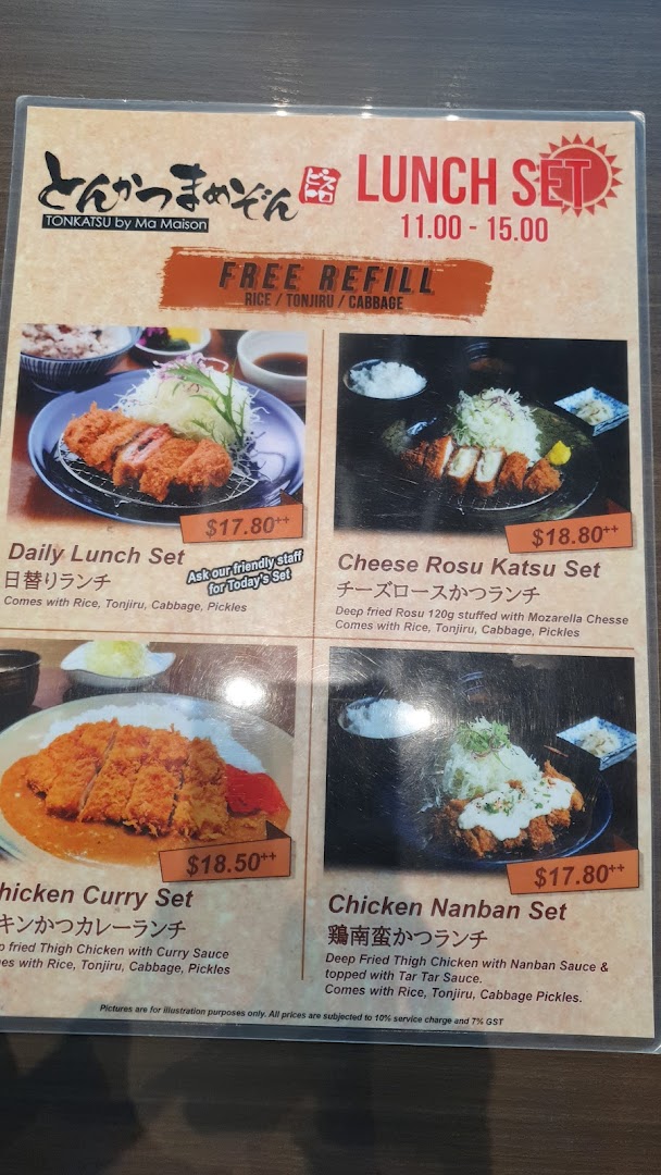 A menu displaying various Tonkatsu lunch sets with prices and descriptions.