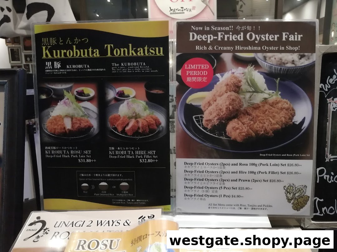 Two menu boards showcasing premium Kurobuta Tonkatsu and a limited-time Deep-Fried Oyster Fair.
