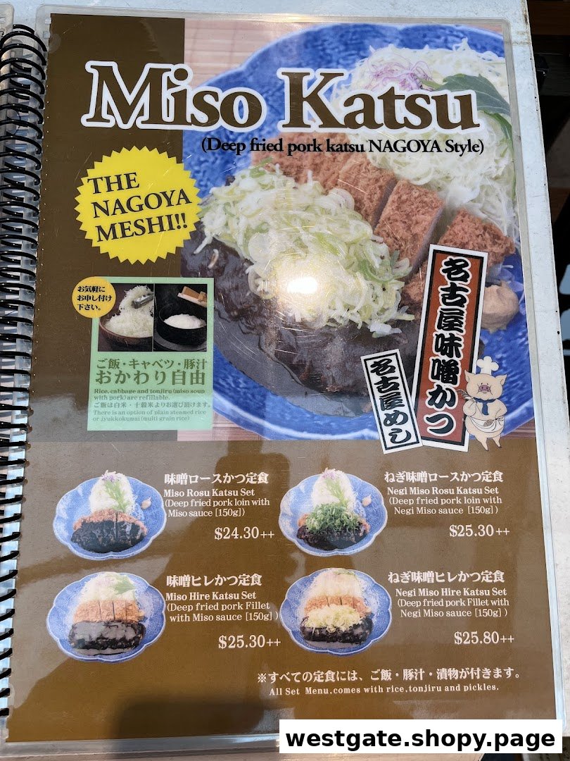 A menu page showcasing Nagoya-style Miso Katsu sets with various pork cuts and sauces.