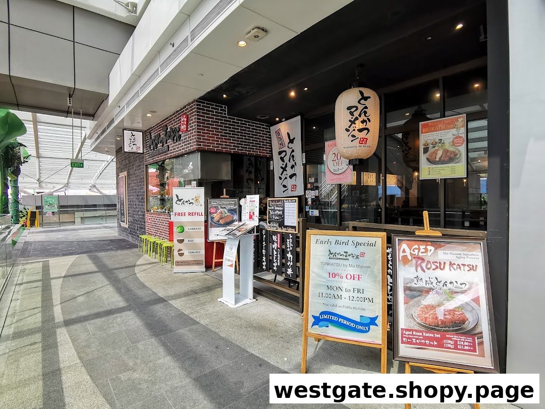 The exterior of Tonkatsu by Ma Maison, featuring promotional signs and a traditional Japanese lantern.