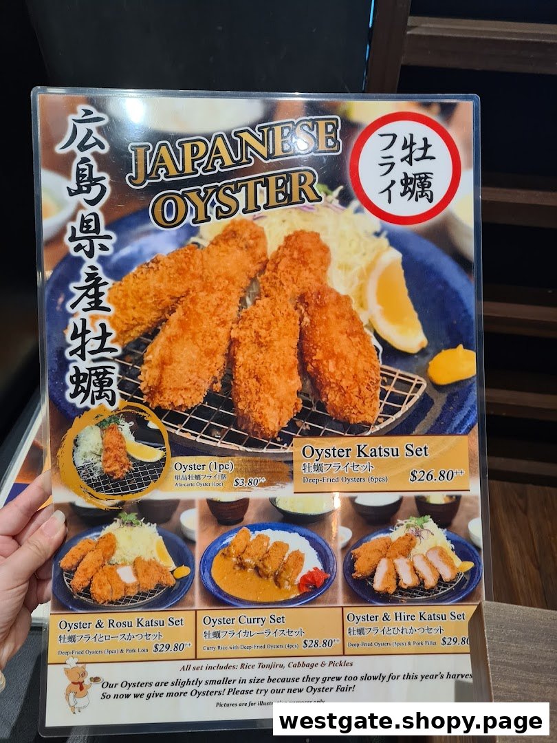 A vibrant menu showcasing various deep-fried Japanese oyster dishes and katsu sets.
