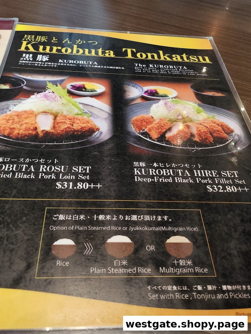A menu page showcasing Kurobuta Tonkatsu sets with prices and rice options.