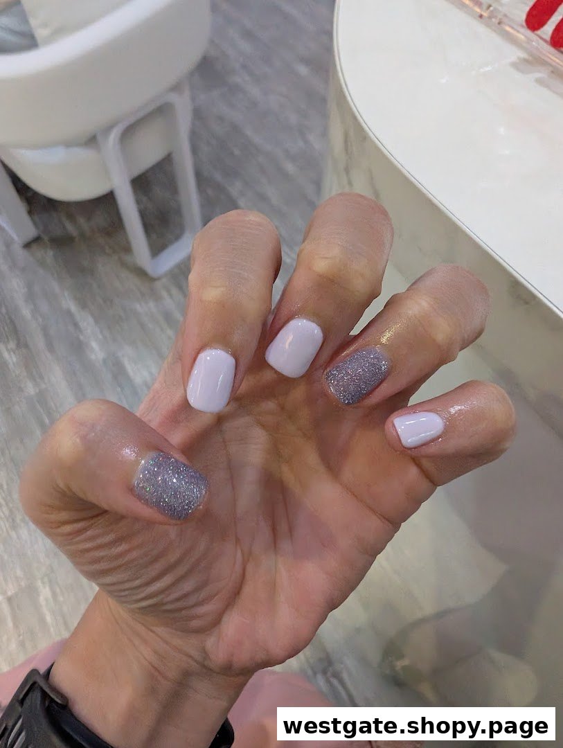 A hand showcasing freshly manicured nails with light purple and glitter polish.
