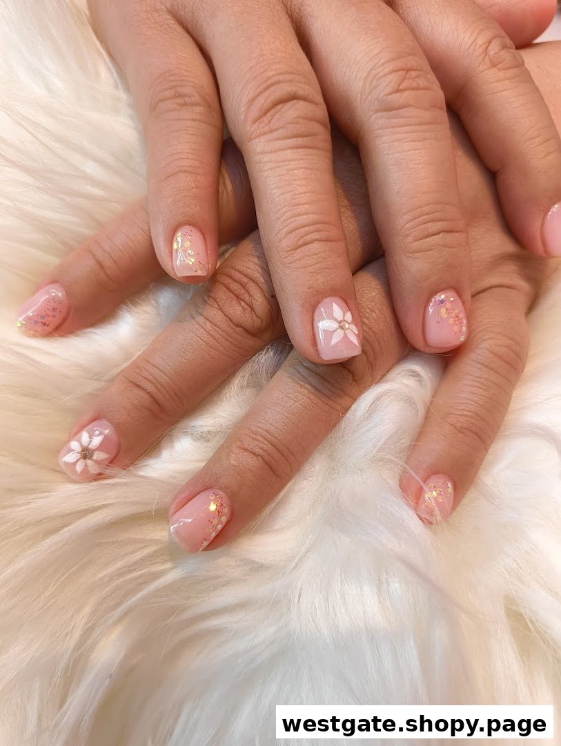 A close-up of hands displaying a delicate pink manicure with glitter and white floral nail art.