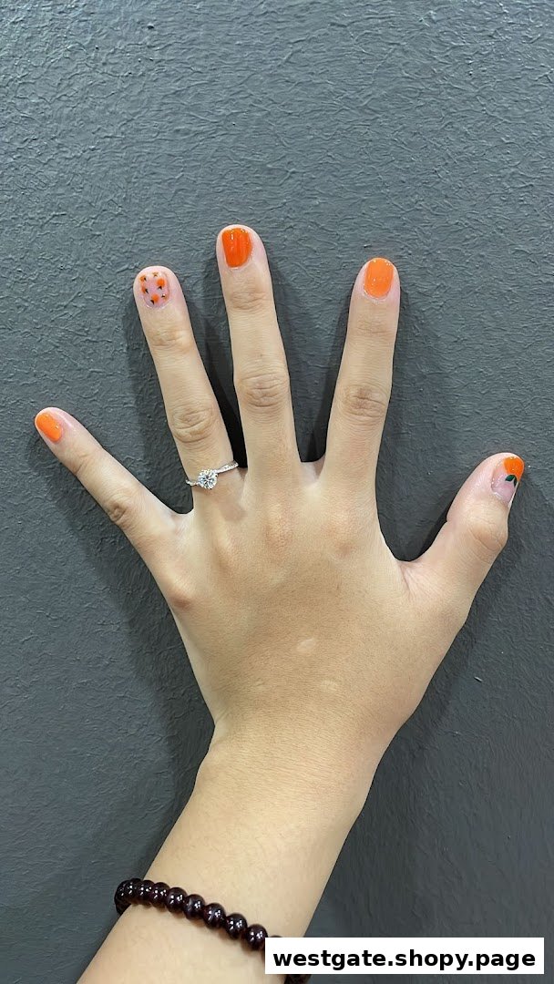 A hand showcasing vibrant orange nail polish with delicate designs and a sparkling ring.