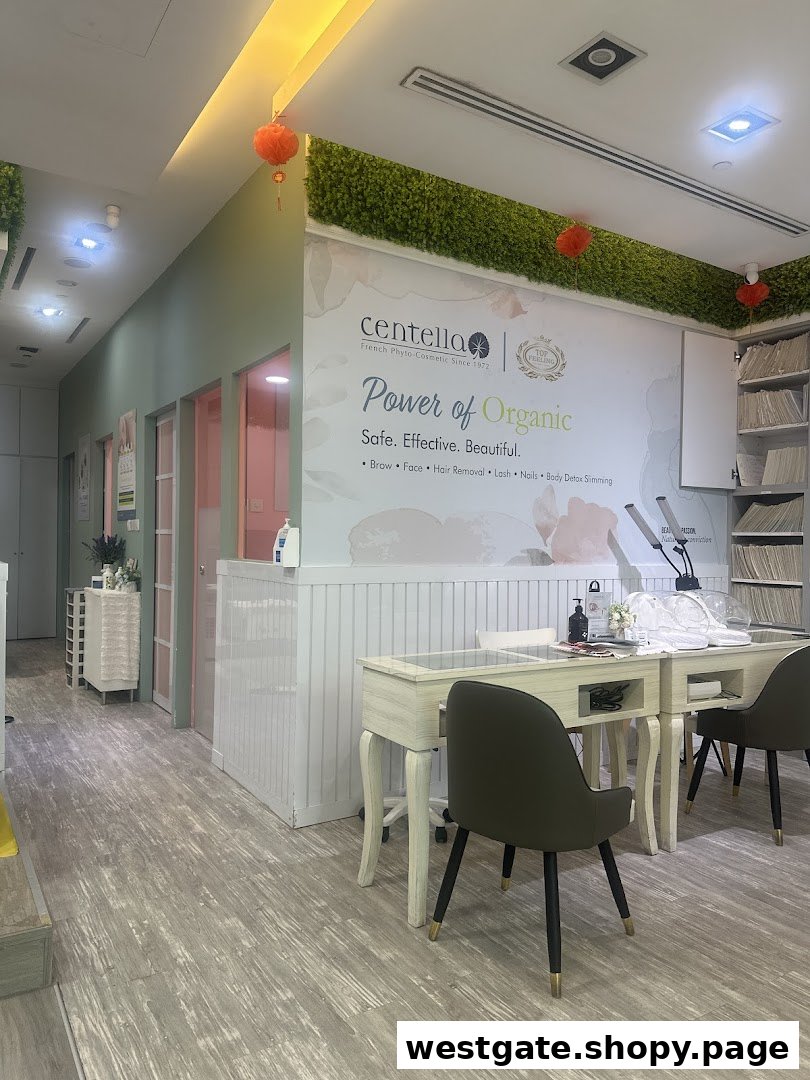 Interior view of a beauty and wellness salon featuring treatment areas and organic cosmetic branding.